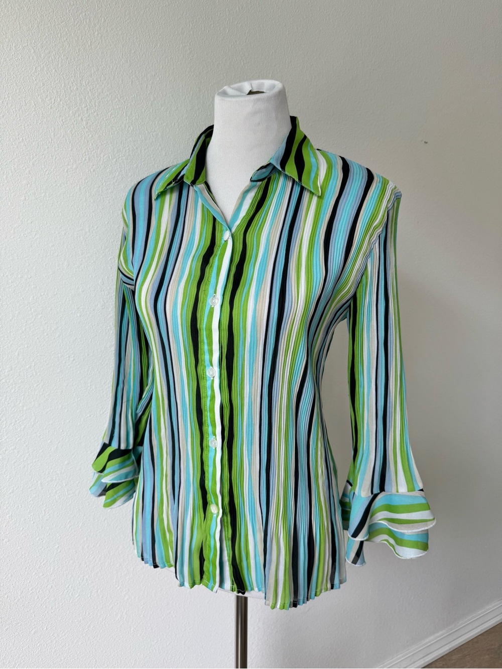 Essentials Green & Blue Striped Button-Down Ruffle Sleeve Top